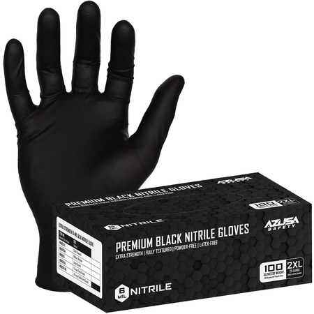 Azusa Safety Premium Nitrile Disposable Gloves, 6 mil, Powder-Free, Fully Textured, 2XL, 100 PK, Black ND6020